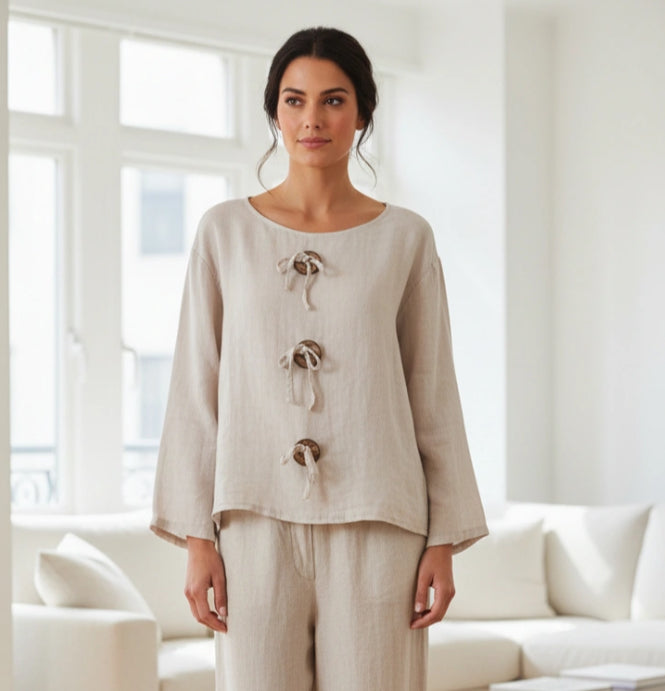 LINEN BUTTON TOP - 10-16 - BEIGE