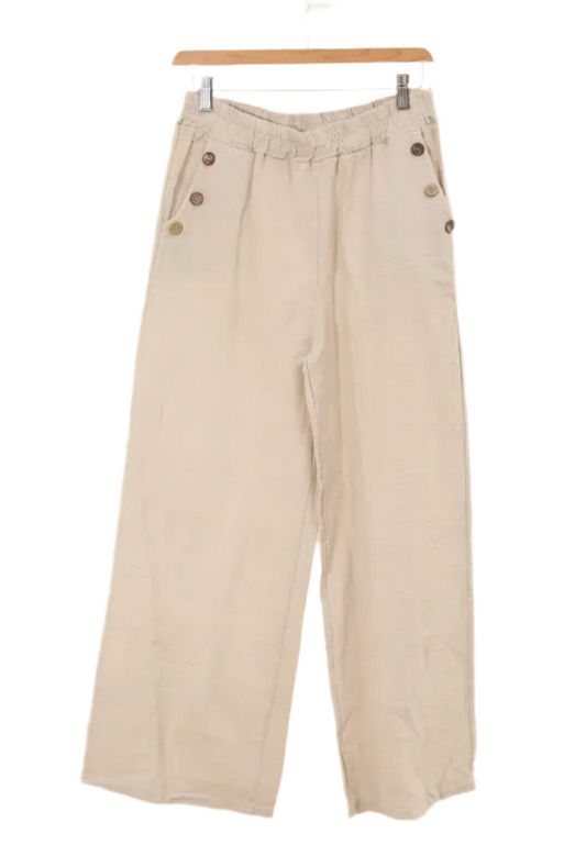 COTTON/LINEN BLEND BUTTON DETAIL PANTS - 8-14 - BEIGE