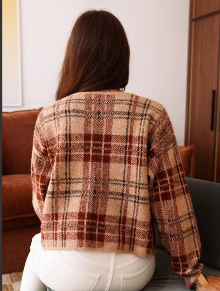 CHECK GOLD BUTTON JACKET - 10-14 - BURGUNDY