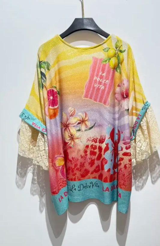 MULTI PRINT LACE CUFF TOP - 10-16