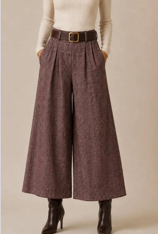 CHECK BELTED PALAZZO - 10-12 & 14-16 - BURGUNDY