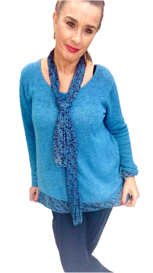 MOHAIR BLEND LAYERED KNIT WITH SCARF - TEAL - 8-neat 14