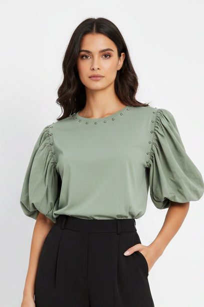 COTTON STUD PUFF SLEEVE TOP - 8-14 - KHAKI