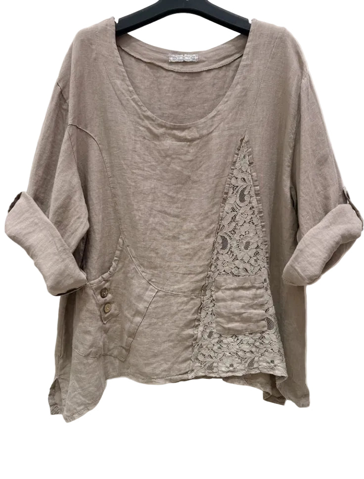 LINEN LACE DETAIL TOP - 10-16 - TAUPE