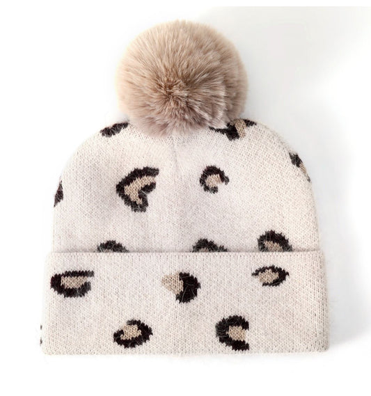 CASHMERE ANIMAL PRINT POM HAT - CREAM