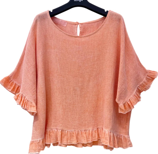 FRILL TRIM COTTON LINEN TOP - 10-16