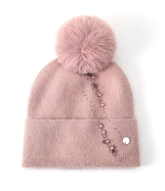 CASHMERE PEARL & CRYSTAL POM HAT - PINK