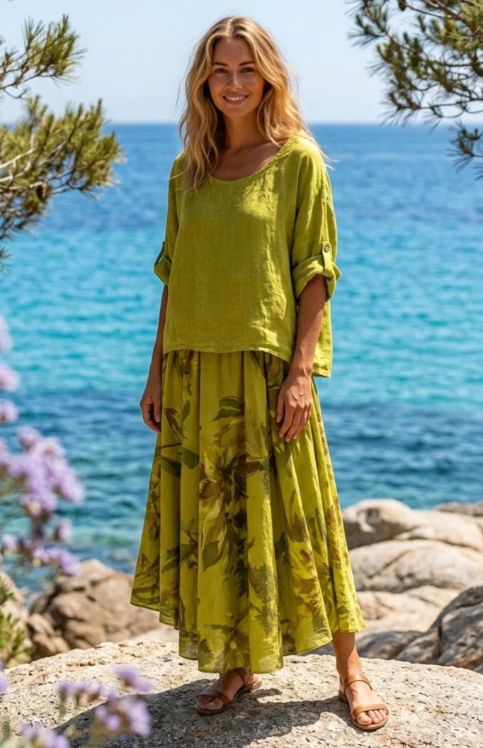 LINEN/COTTON 2 PCE DRESS & COVER UP - 10-16 - LIME