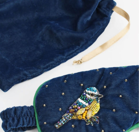 LUXURY VELVET HANDMADE EYE MASK - comes with matching pouch & gift box - BLUE TIT