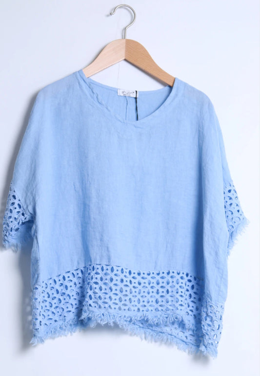 MESH TRIM LINEN/COTTON BLEND TOP - 10-16