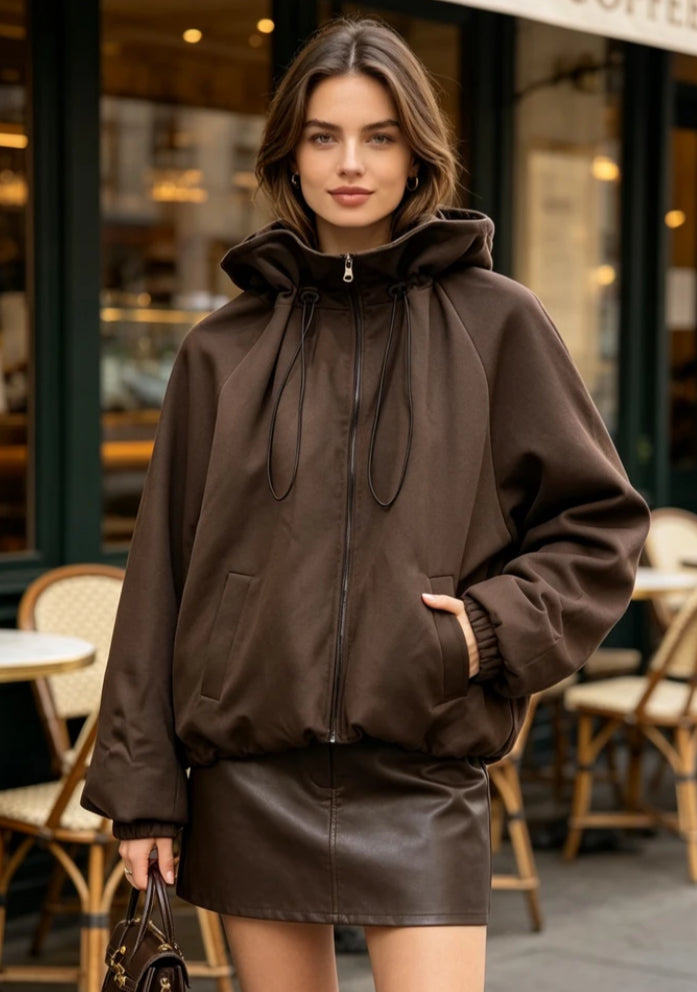 DRAWSTRING COLLAR JACKET WITH LACE LINING - 10-16 - CHOCOLATE