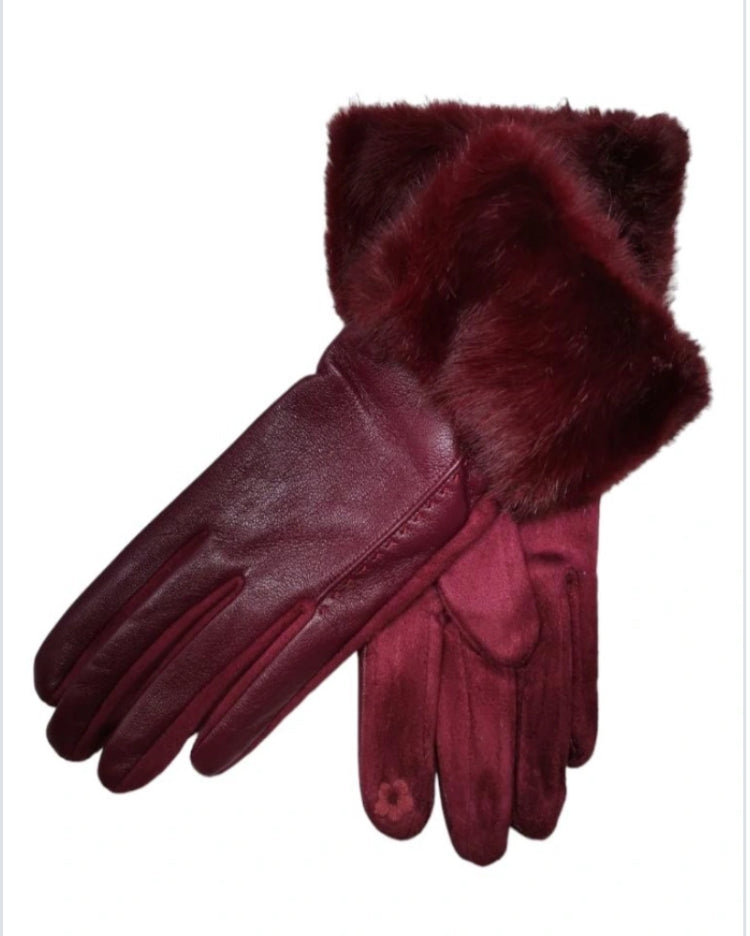 LEATHERETTE GLOVES WITH FAUX FUR TRIM - BURGUNDY
