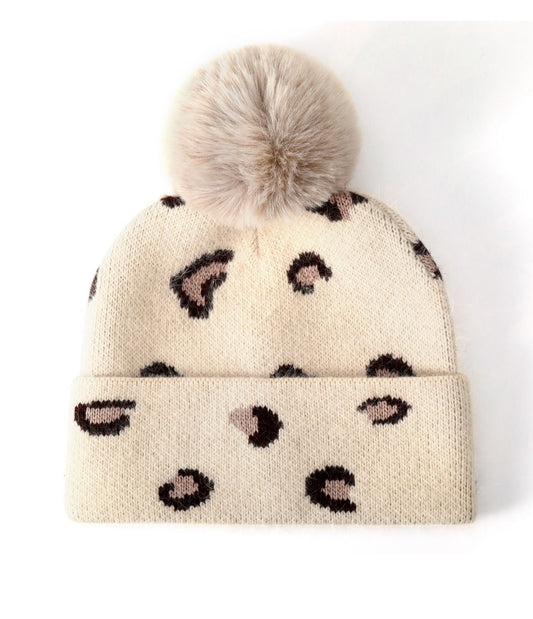 CASHMERE ANIMAL PRINT POM HAT - BEIGE