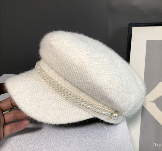 BAKER BOY HAT WITH PEARL TRIM - CREAM