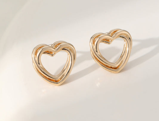 DOUBLE HEART STUD EARRINGS - GOLD