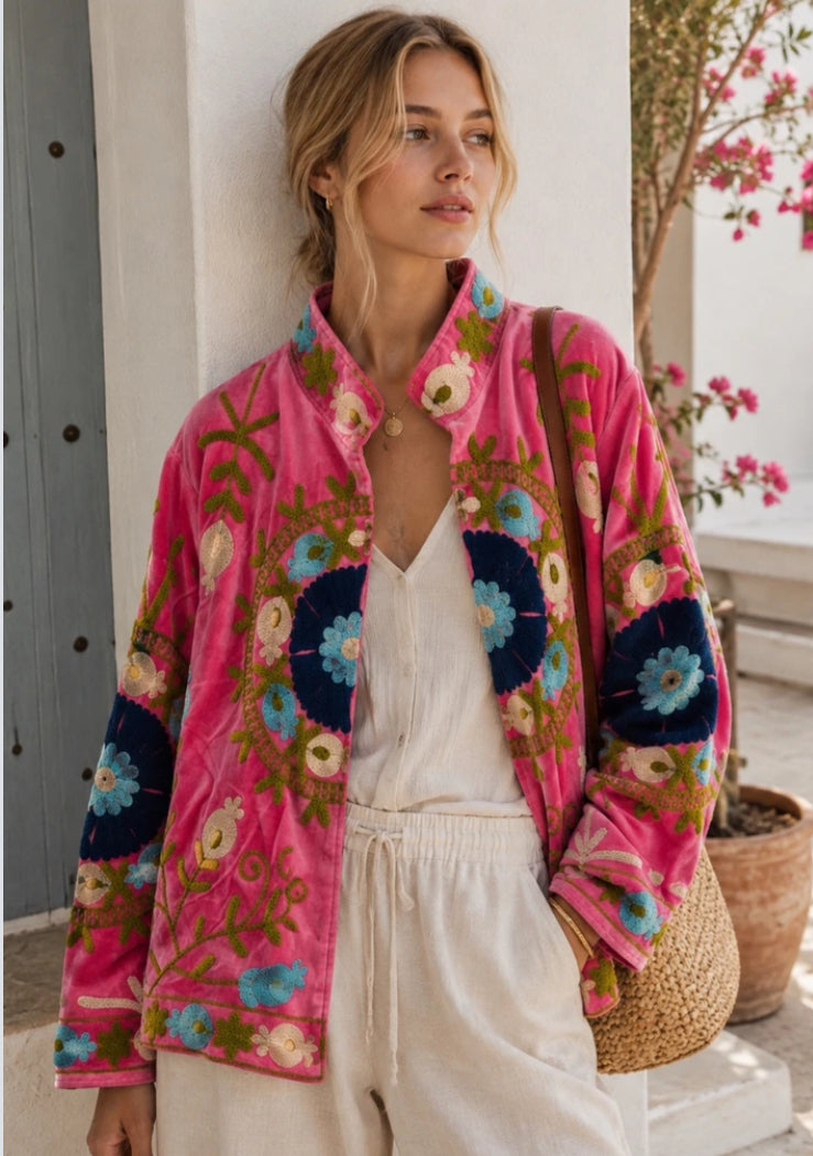 VELVET EMBROIDERED JACKET - 10-16 - PINK