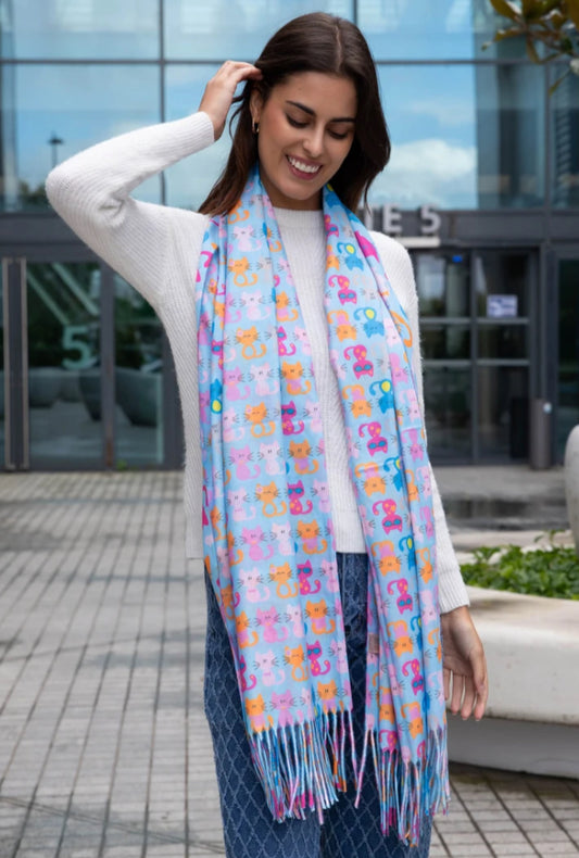 FRINGED CAT PRINT SCARF