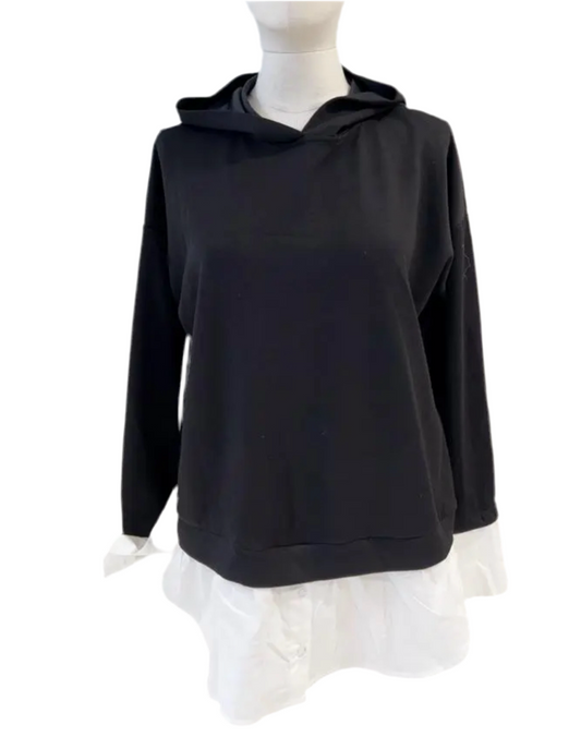 JERSEY HOODY WITH SHIRT CUFF & HEM - BLACK - 10-14