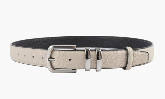 SILVER BUCKLE LEATHER BELT - BEIGE