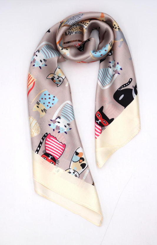 SILK BLEND CAT PRINT NECK SQUARE SCARF - PINK