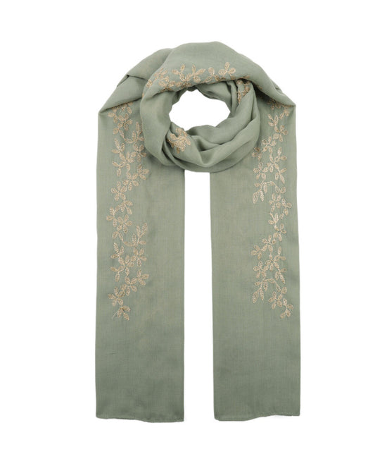 COTTON BLEND EMBROIDERED SCARF - SAGE