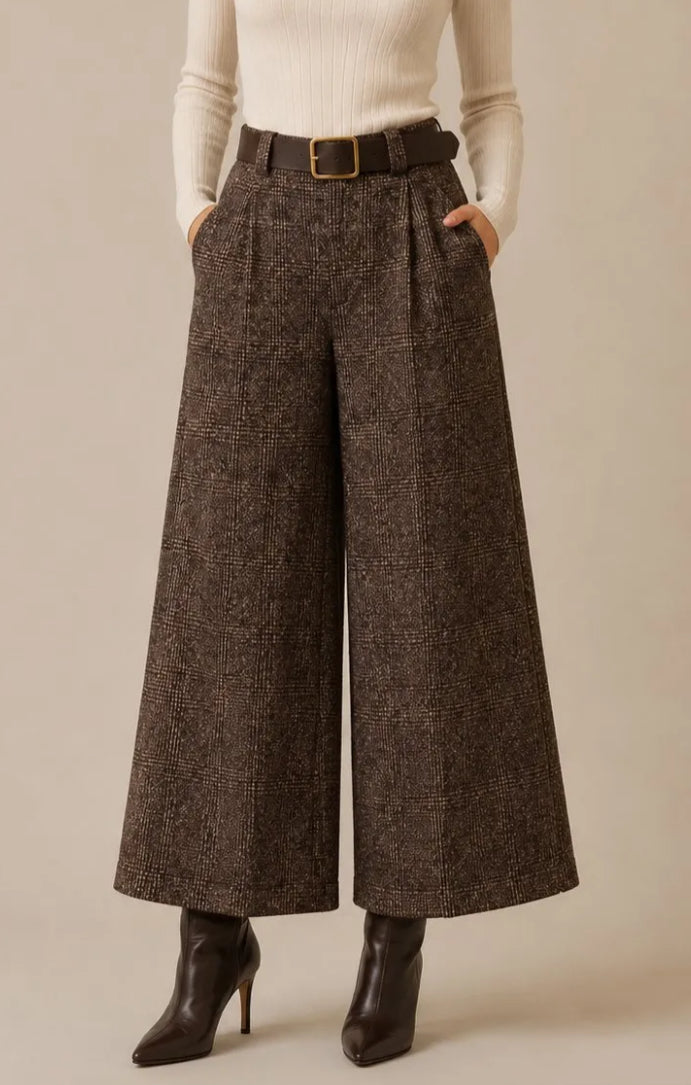 CHECK BELTED PALAZZO - 10-12 & 14-16 - CHOCOLATE