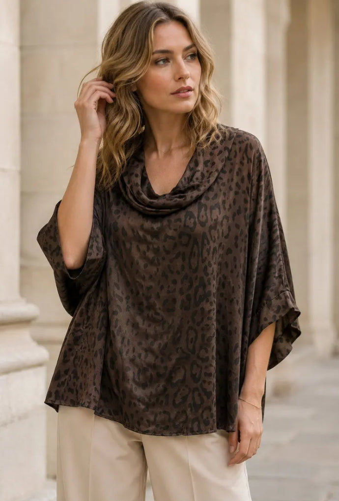 LEOPARD SATIN COWL TOP - 10-16 - CHOCOLATE