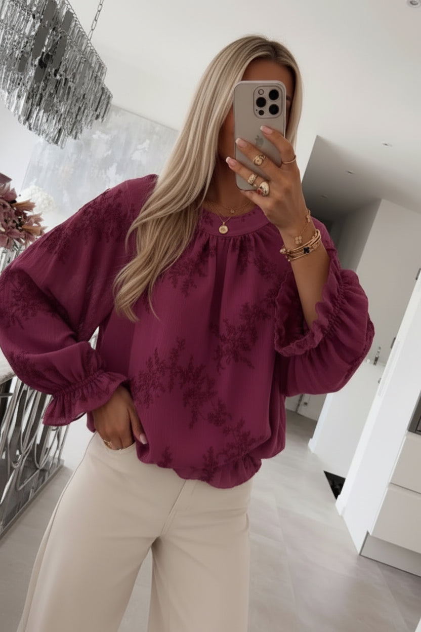 FLORAL EMBROIDERY BLOUSE - 8-12 - BURGUNDY