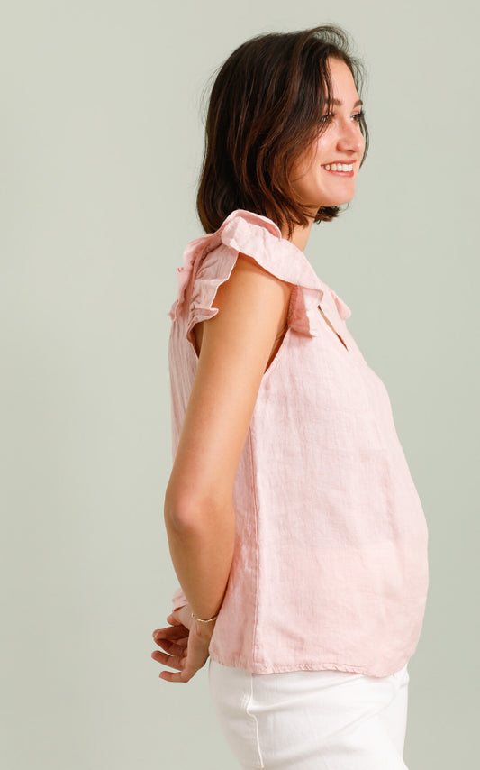 LINEN RUFFLE SLEEVE TOP - 8-12 - PINK