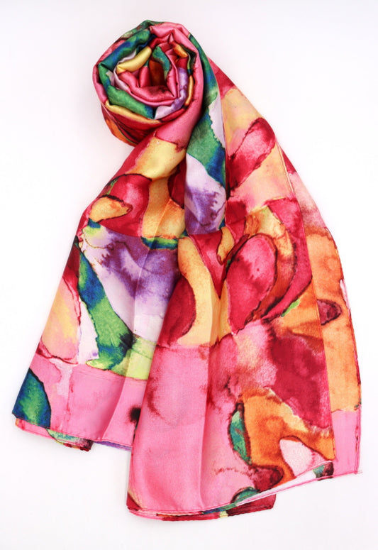 SILK BLEND ABSTRACT PRINT SCARF- FUSCHIA