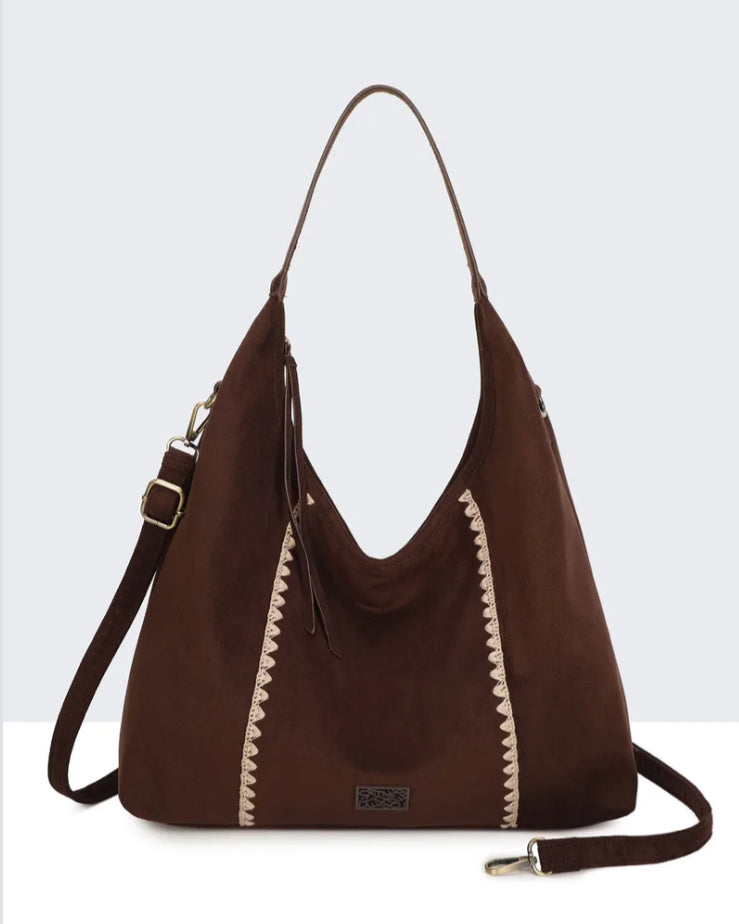 SUEDETTE TRIM BAG - CHOCOLATE