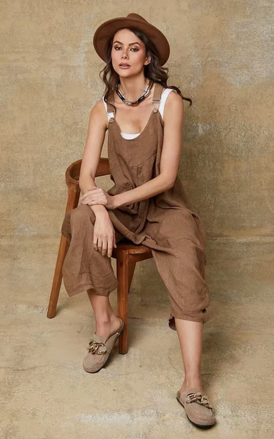 LINEN BUCKLE JUMPSUIT - 8-14 - BROWN