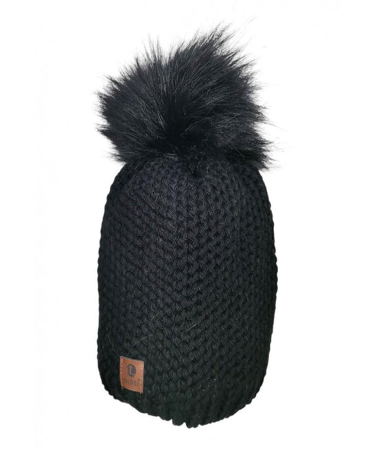 FLEECE LINED KNIT HAT WITH REMOVABLE POM - BLACK