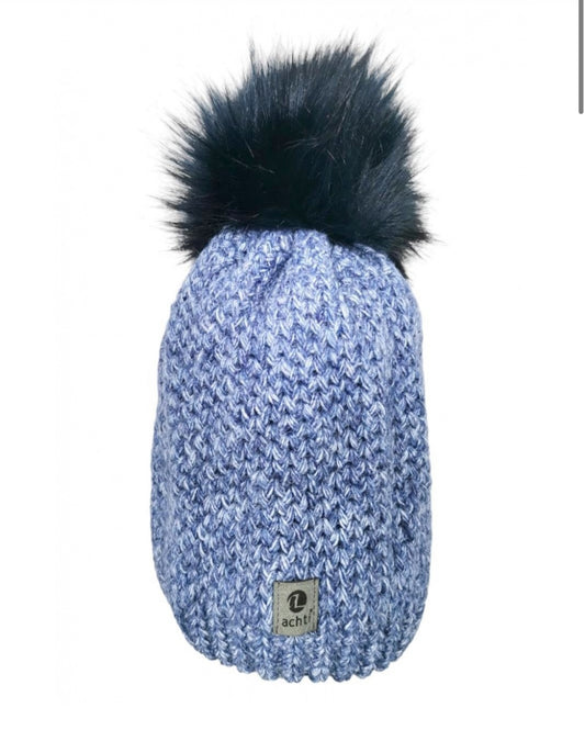 FLEECE LINED KNIT HAT WITH REMOVABLE POM - BLUE