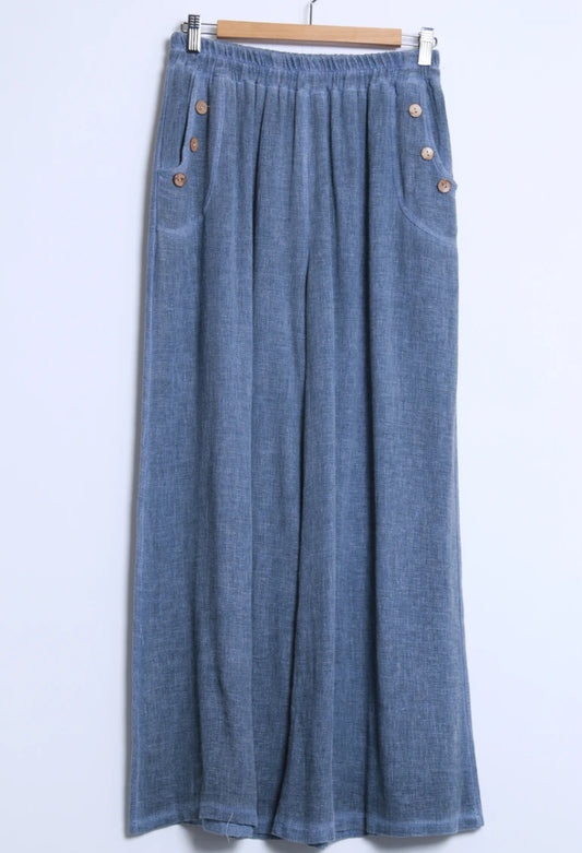 LINEN/COTTON BUTTON PALAZZO - 10-16 - DENIM BLUE