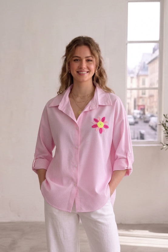 COTTON DIP HEM STRIPE SHIRT - 10-16 - PINK