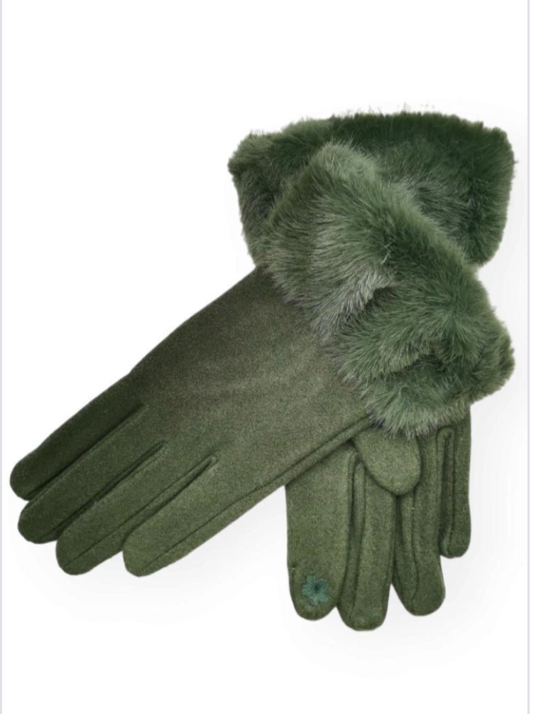 FAUX FUR TRIM GLOVES - KHAKI