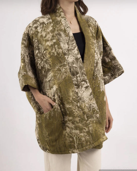 TOILE QUILTED KIMONO - 10-16 - OLIVE