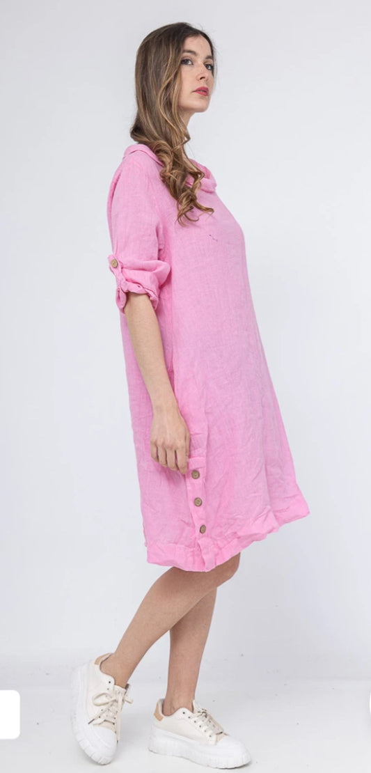 COWL BUTTON DETAIL LINEN DRESS - 10-16 - PINK