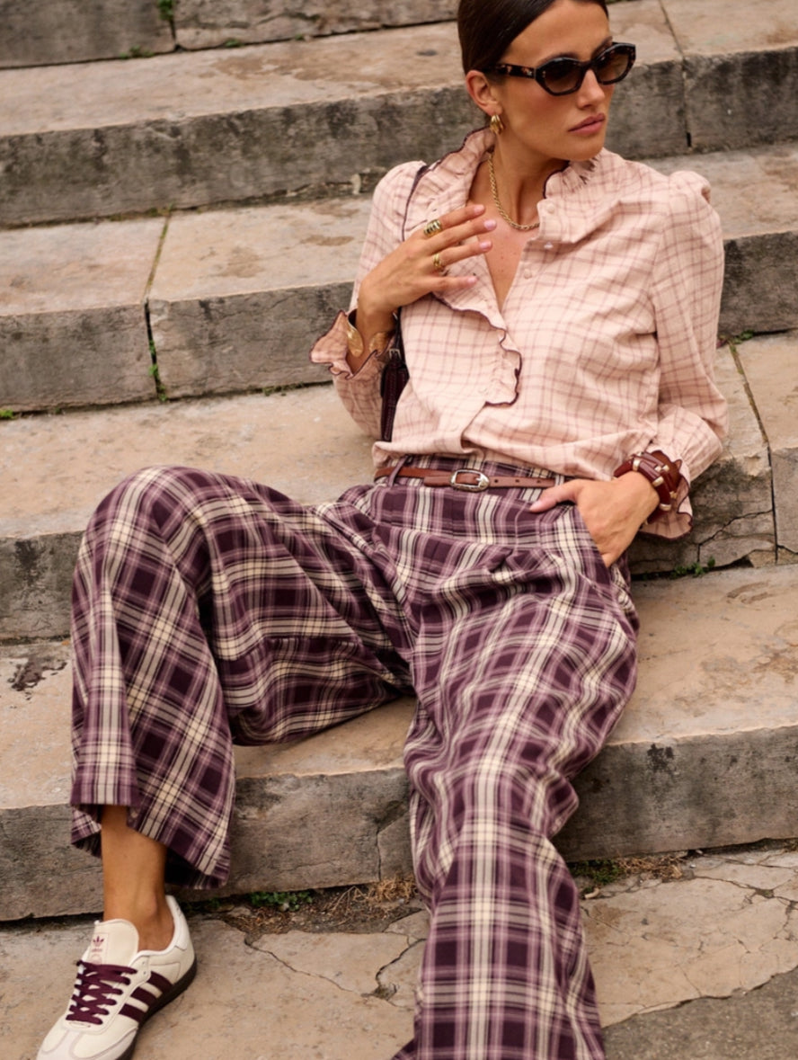 PLEAT CHECK PANTS - 12-14- BURGUNDY