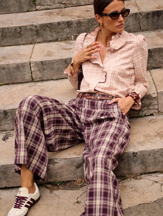 PLEAT CHECK PANTS - 12-14- BURGUNDY
