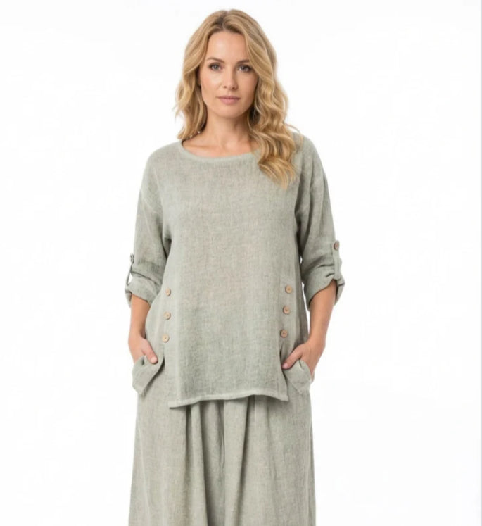 BUTTON SLIT COTTON/LINEN BLEND TOP - 10-16