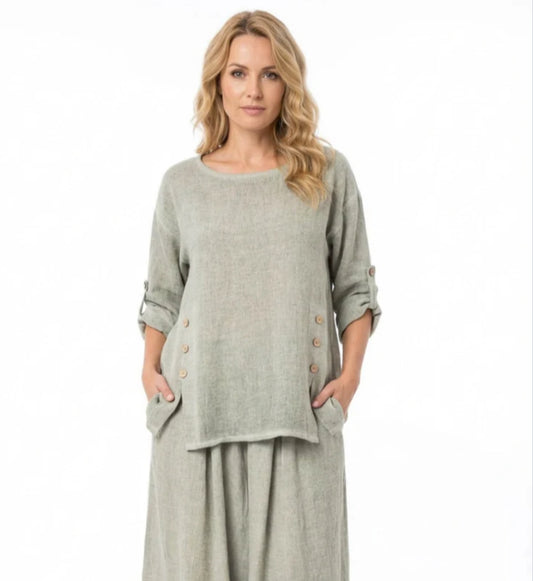 BUTTON SLIT COTTON/LINEN BLEND TOP - 10-16