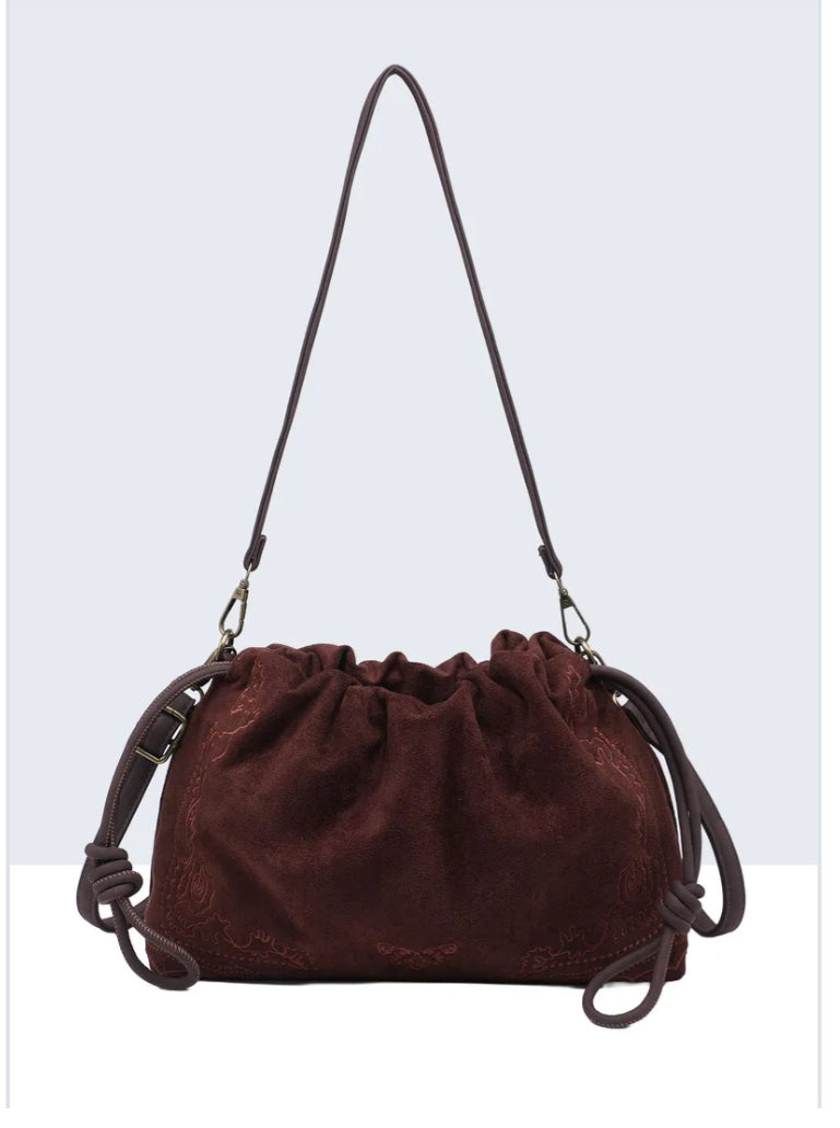 RUCHED VELOUR EMBROIDERED BAG - CHOCOLATE
