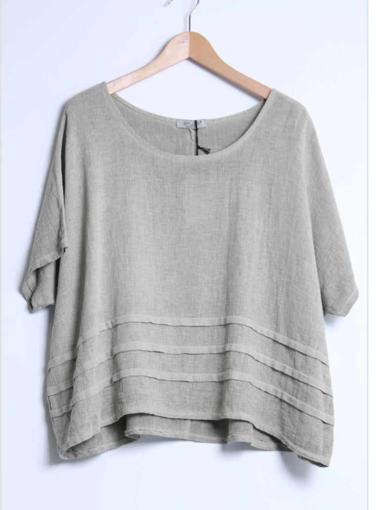 LINEN/COTTON PLEAT TOP - 10-16 - KHAKI