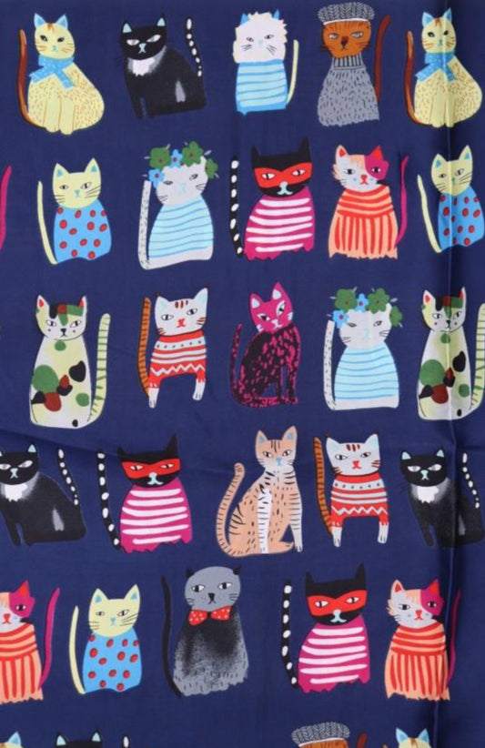 SILK BLEND CAT PRINT SCARF - NAVY