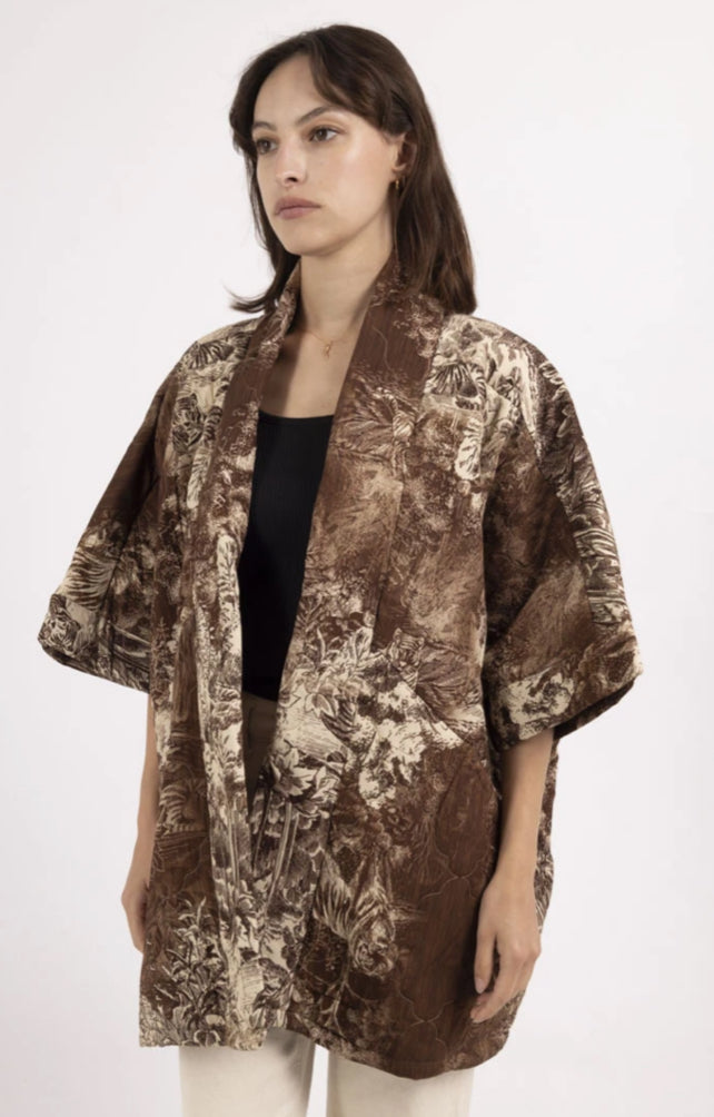TOILE QUILTED KIMONO - FREE SIZE - BROWN