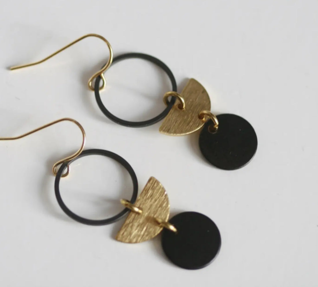 KAIKO - BLACK & BRASS CIRCLE & MOON EARRINGS- GOLD PLATED