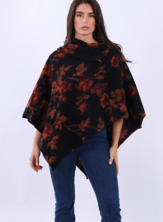 COWL NECK FLORAL PRINT PONCHO - BLACK