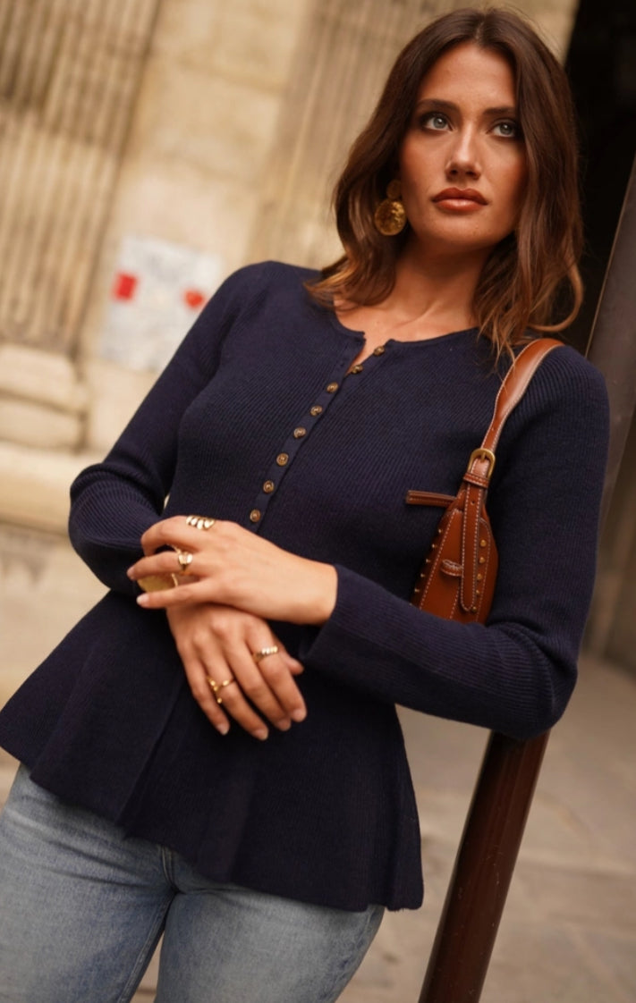 BUTTON PEPLUM CARDI - 10-14 - NAVY
